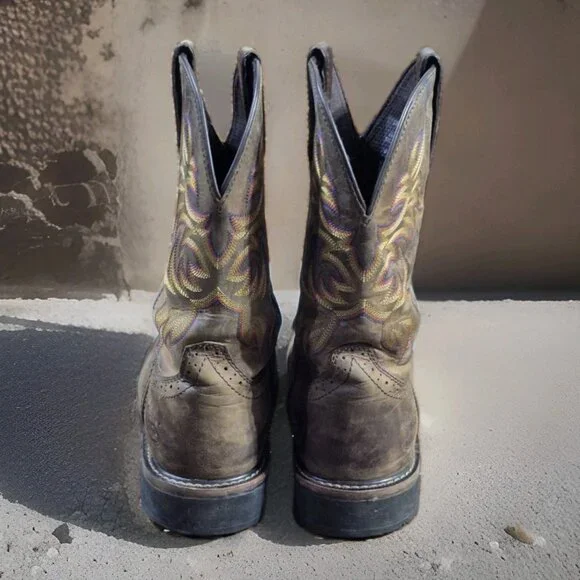 Justin Stampede Brown Leather Square Toe Western Cowboy Boots Mens Size 9.5 EE